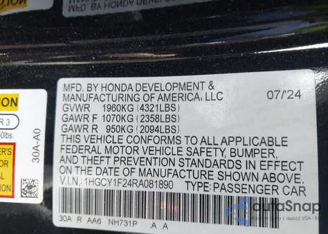 2024 Honda Accord Lx из США, поврежденный, VIN 1HGCY1F24RA081890